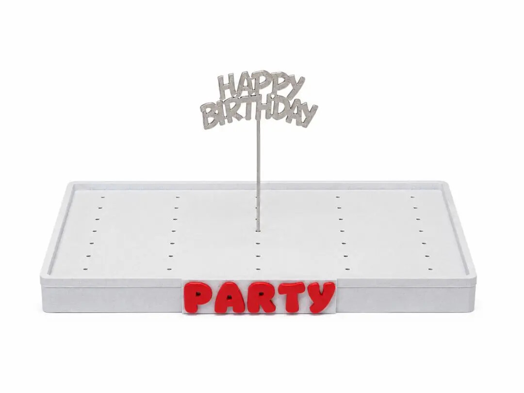 White 3D printed party display tray with red lettering